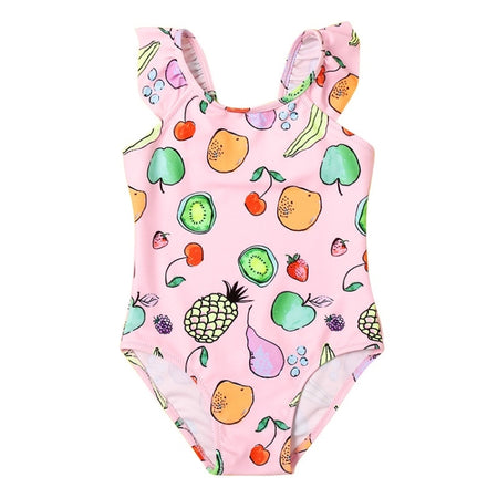 Baby Girls Cartoon Fruit Pattern Ruffled Sling One-piece Swimsuit (Color:Pink Size:120)