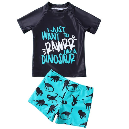 2 in 1 Letter Print Short Sleeve + Cartoon Dinosaur Shorts Baby Boys Split Swimsuit Set (Color:Blue Black Size:90)