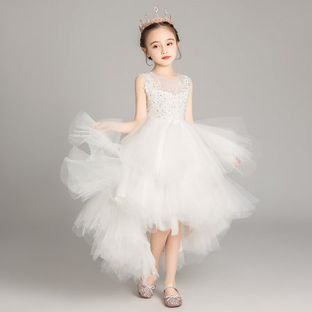 Sleeveless Short Front and Long Back Lace Princess Dress Pettiskirt Performance Formal Dress for Girls