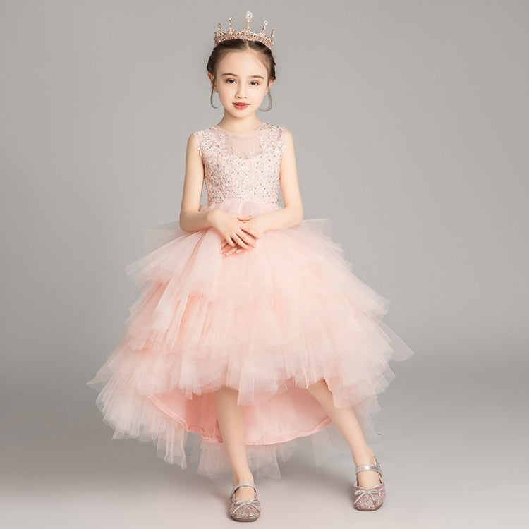 Sleeveless Short Front and Long Back Lace Princess Dress Pettiskirt Performance Formal Dress for Girls