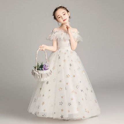 Long Five-pointed Star Pattern Lace Princess Dress Pettiskirt Performance Formal Dress for Girls