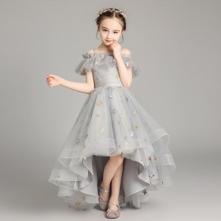 Five-pointed Star Pattern Short Front and Long Back Lace Princess Dress Pettiskirt Performance Formal Dress for Girls