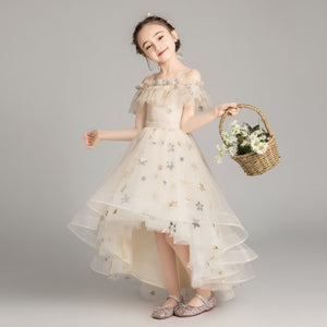 Five-pointed Star Pattern Short Front and Long Back Lace Princess Dress Pettiskirt Performance Formal Dress for Girls