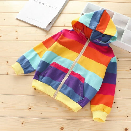 Autumn Horizontal Striped Long-sleeved Zipper Cardigan Hooded Jacket For Girls (Color:Blue Yellow Stripes Size:140cm)