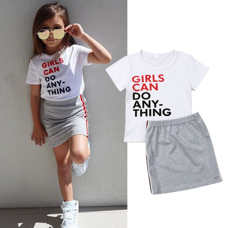 Girls Summer Letter T-shirt Striped Lace Skirt Suit (Color:White Size:130cm)