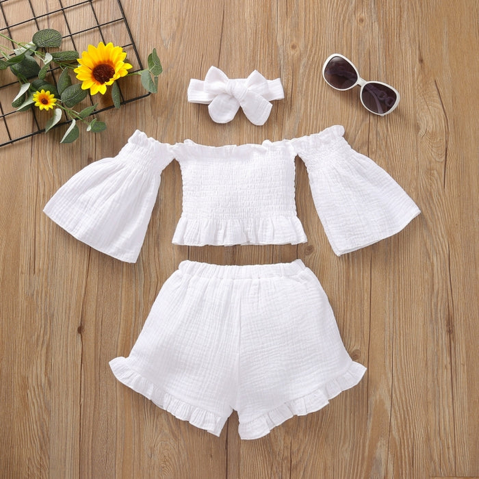 Girls One-shoulder Pleated Flared Sleeve Shorts Three-piece Suit (Color:Rose Red Size:120cm)