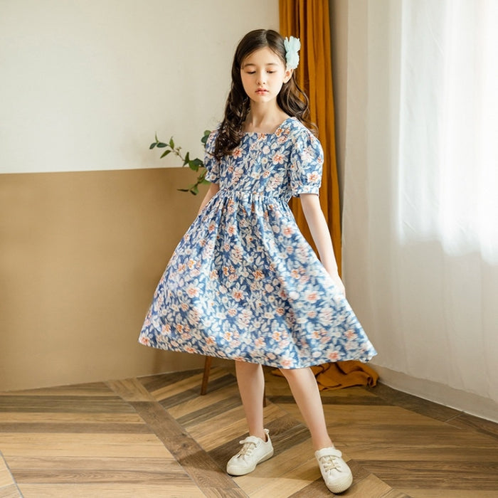 Girls Print Floral Puff Sleeve Dress (Color:Blue Size:160cm)